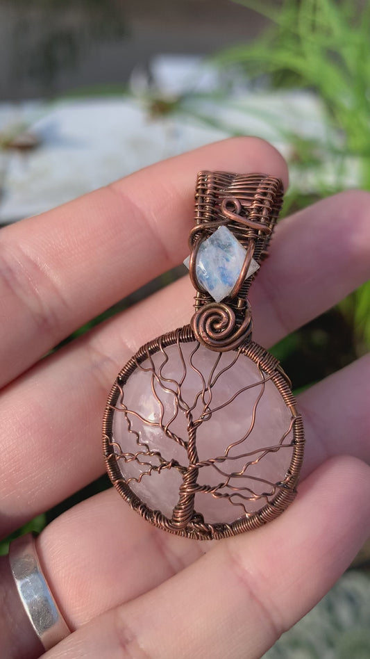 Rose Quartz Tree Of Life Pendant with Moonstone Crown