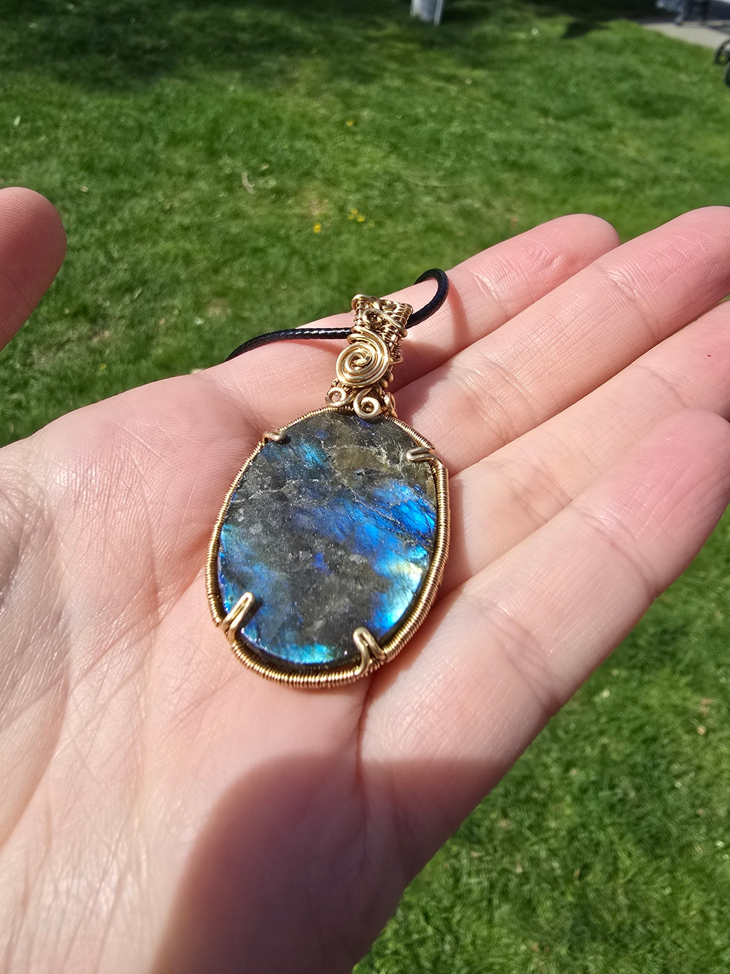 Labradorite flower with Moonstone crown wire wrapped in jewelry brass