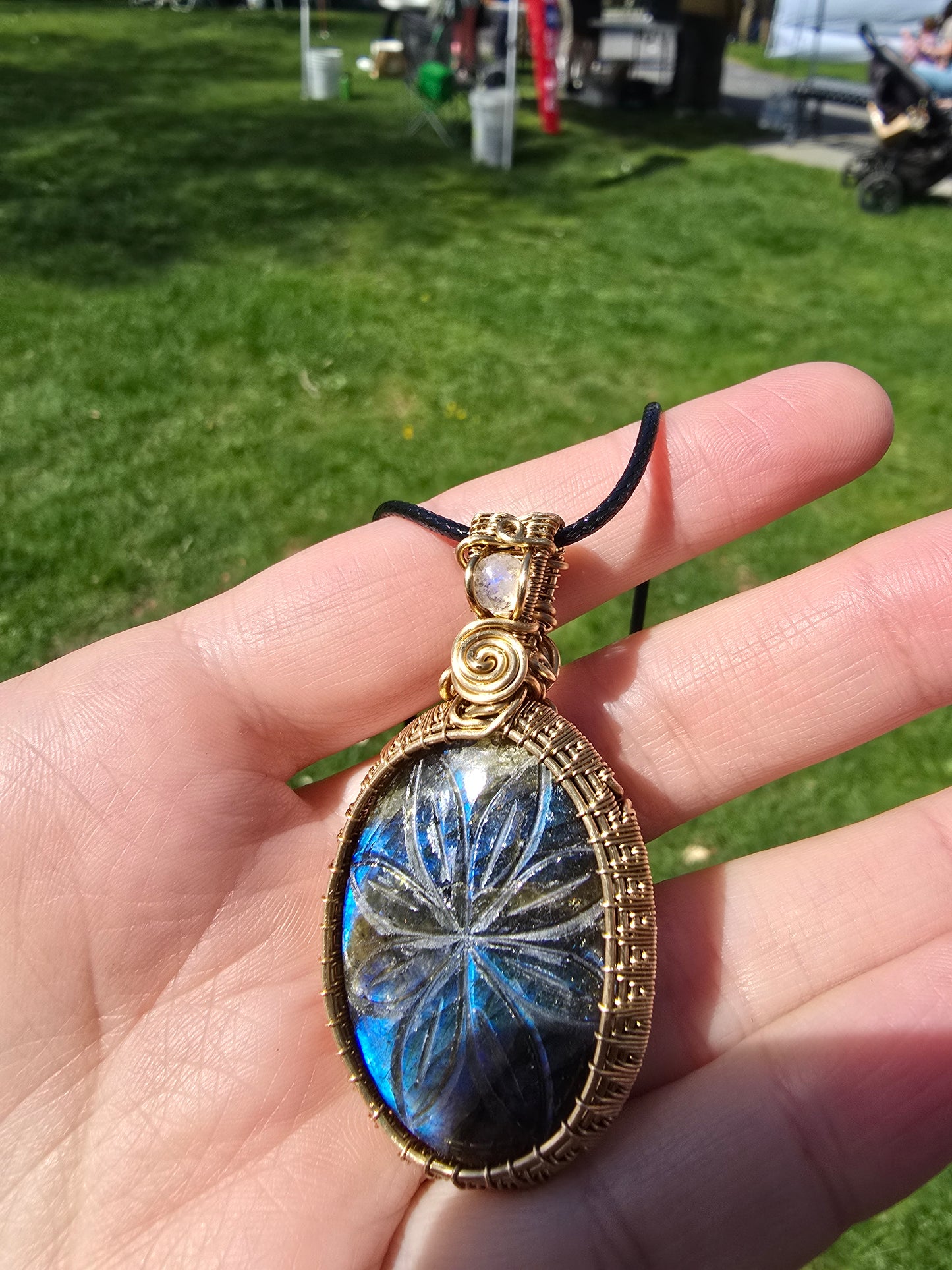 Labradorite flower with Moonstone crown wire wrapped in jewelry brass
