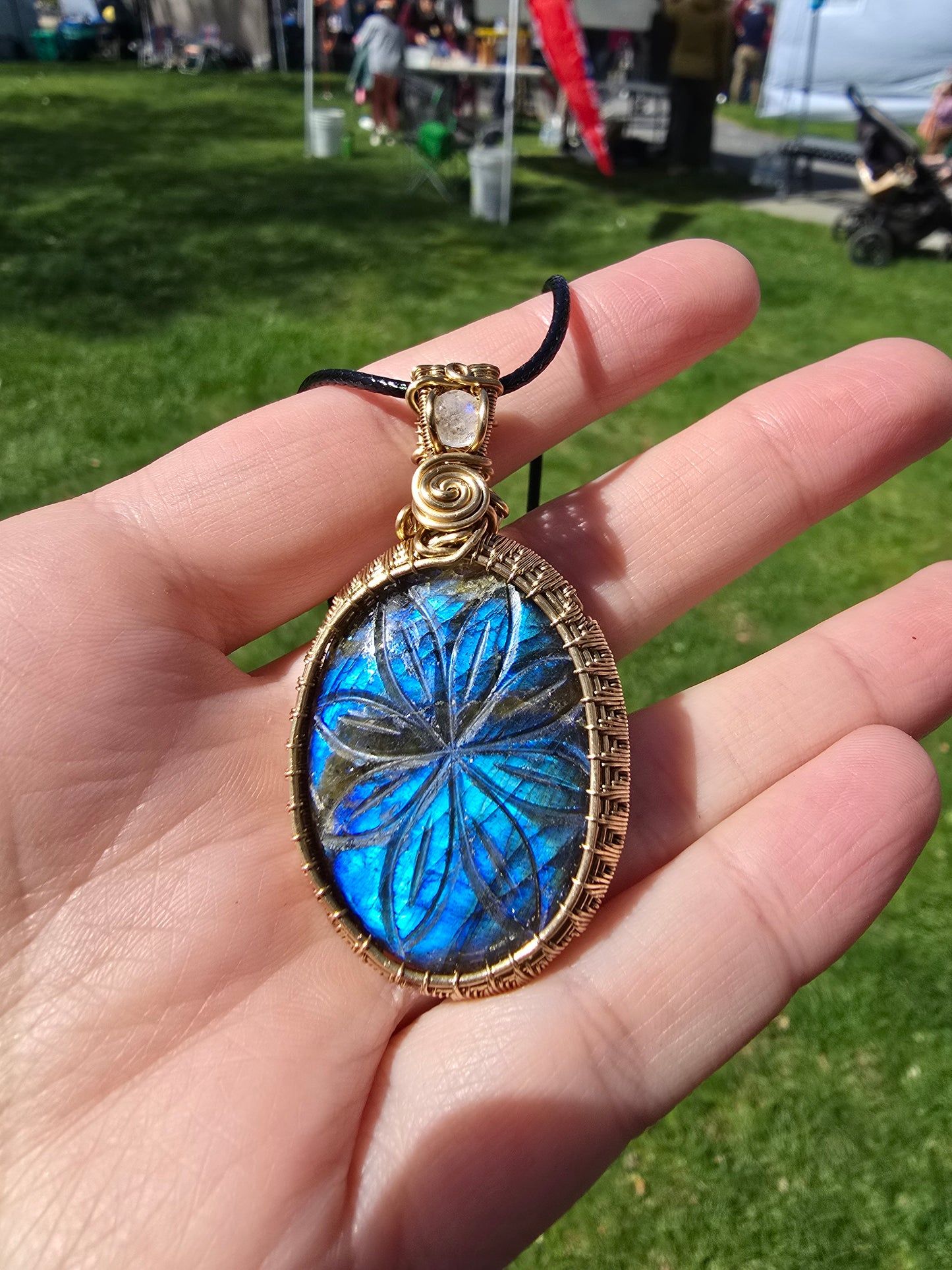 Labradorite flower with Moonstone crown wire wrapped in jewelry brass
