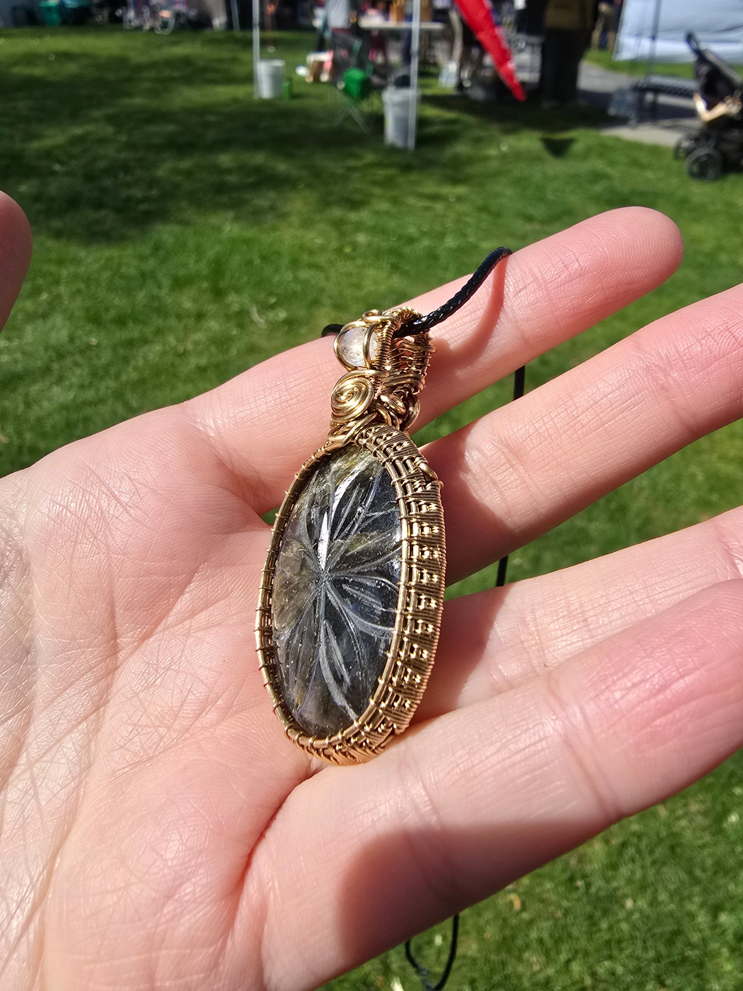 Labradorite flower with Moonstone crown wire wrapped in jewelry brass